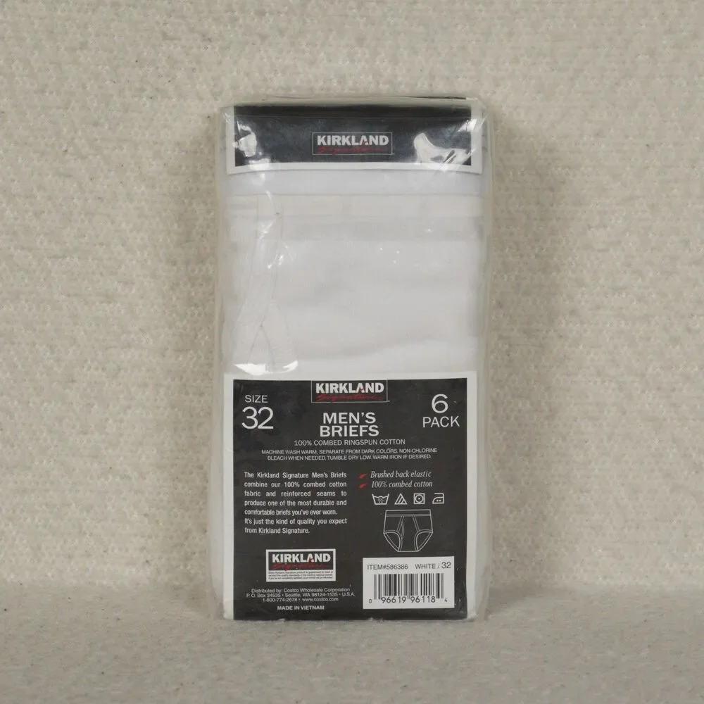 Kirkland Signature Mid-Rise Briefs 6-Pack Mens 32 White Combed Cotton Underwear